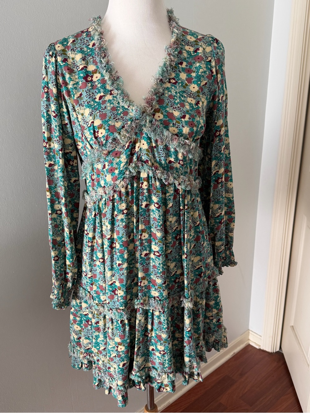 NATURAL LIFE Teal Floral Long-Sleeve Tiered Dress with Fringe Trim